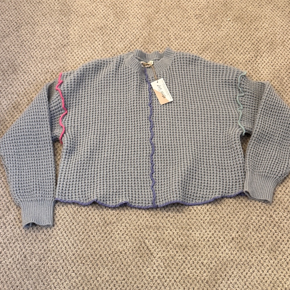 Gray Waffle Knit Sweater with Colorful Trim